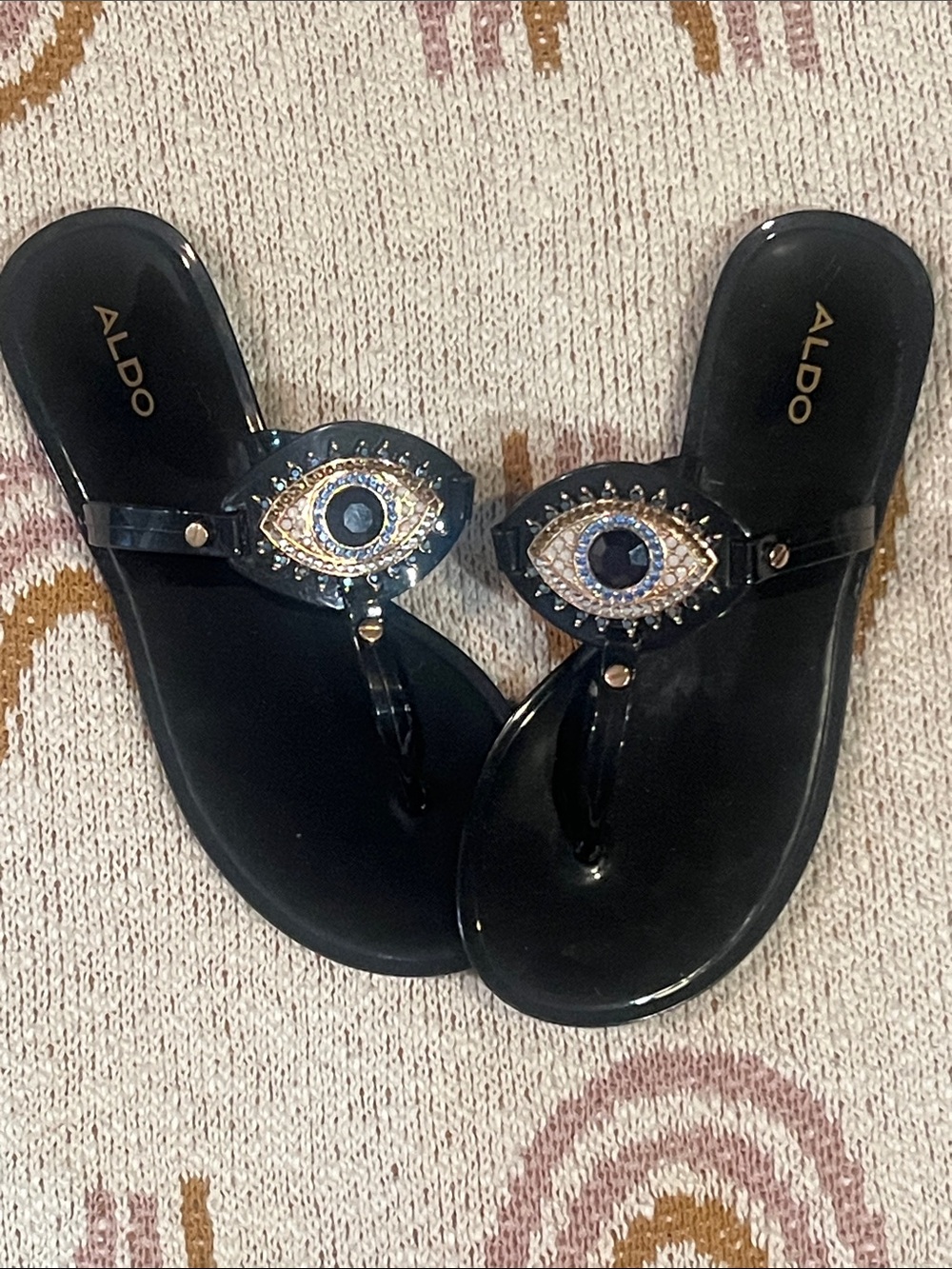 ALDO Black Jelly Thong Sandals with Embellished Evil Eye Accent